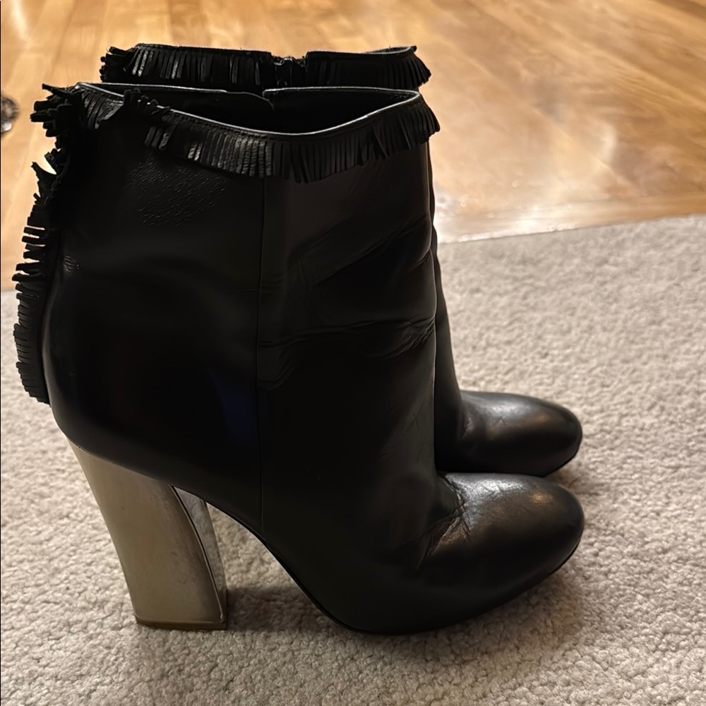 Tory Burch Black Leather Ankle Boots with Fringe Detail